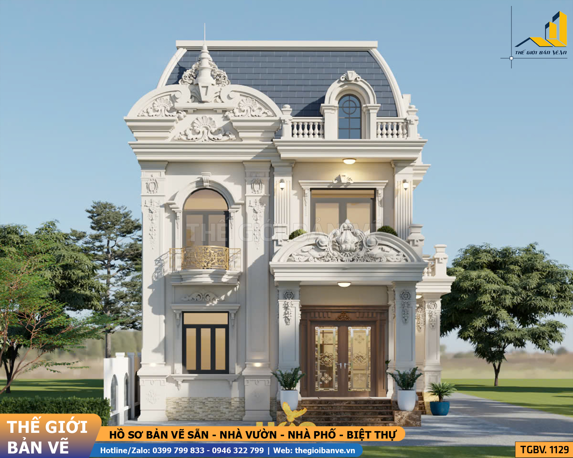Biệt Thự 2 Tầng Mái Mansard 19.3x11.5m - 4 Phòng Ngủ | TGBV.1129