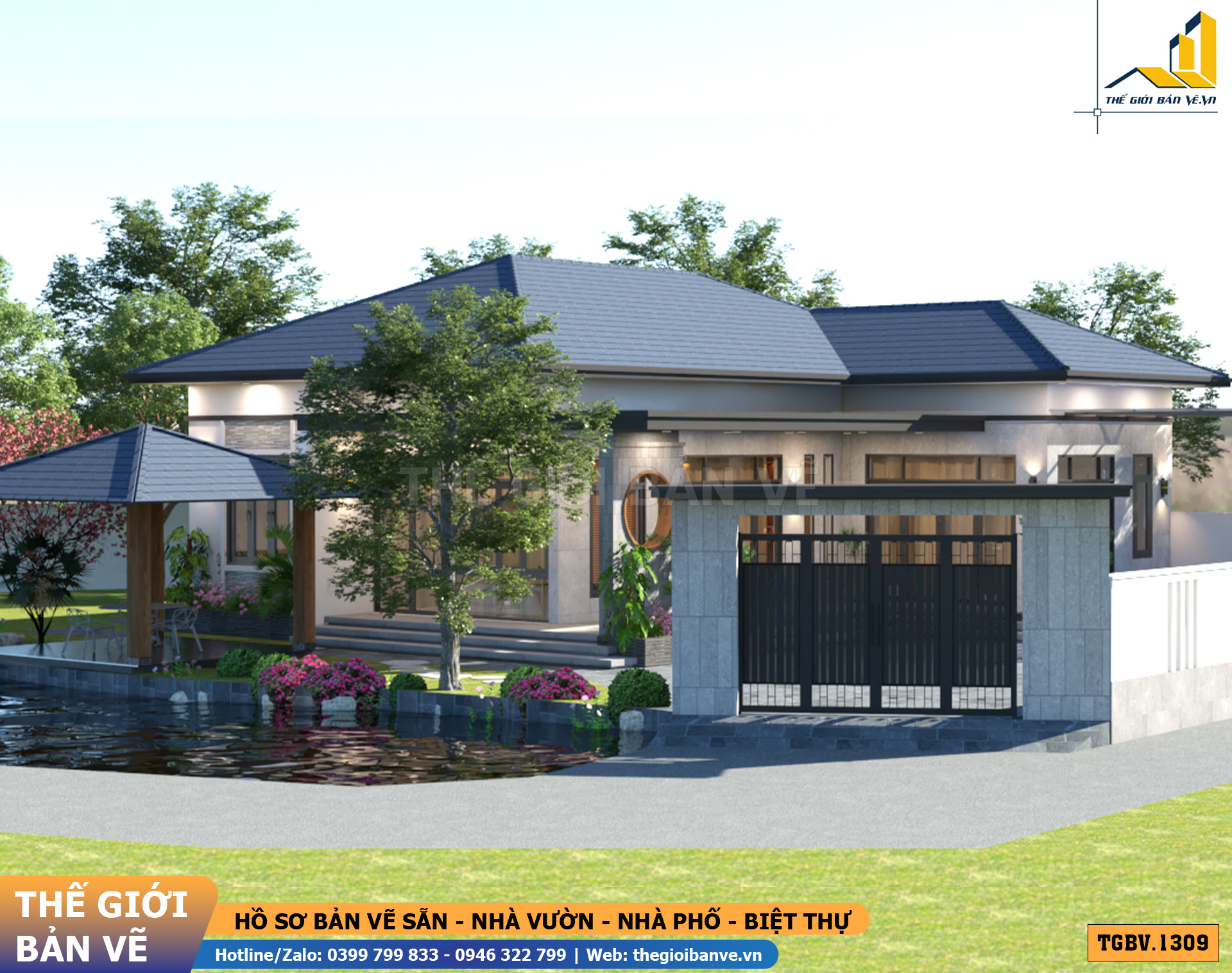 Nhà Vườn Mái Nhật 15.6x8.6m – 3 Phòng Ngủ Hiện Đại | TGBV.1309