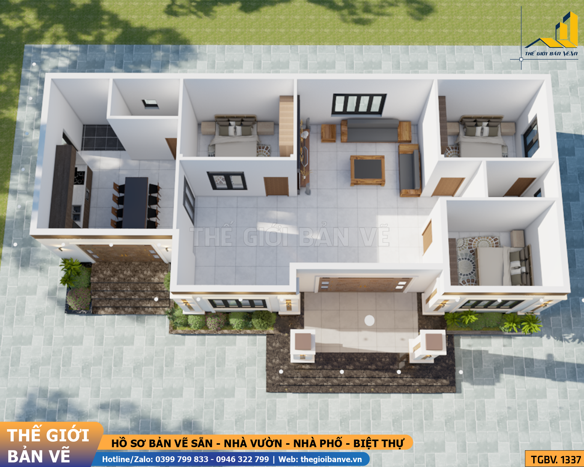 Nhà Vườn Mái Nhật 18.7x11.3m – 3 Phòng Ngủ | TGBV.1337