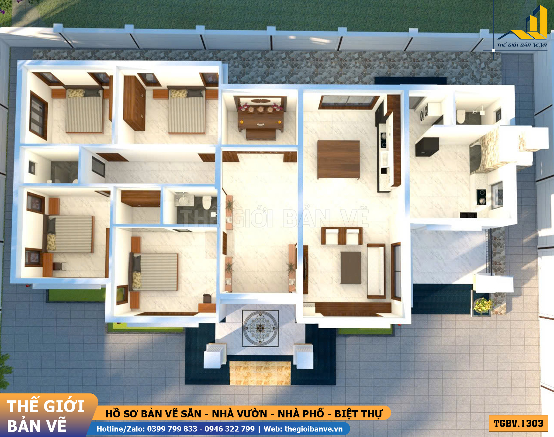 Nhà Vườn Mái Nhật 21.2x11.2m – 4 Phòng Ngủ Hiện Đại | TGBV.1303