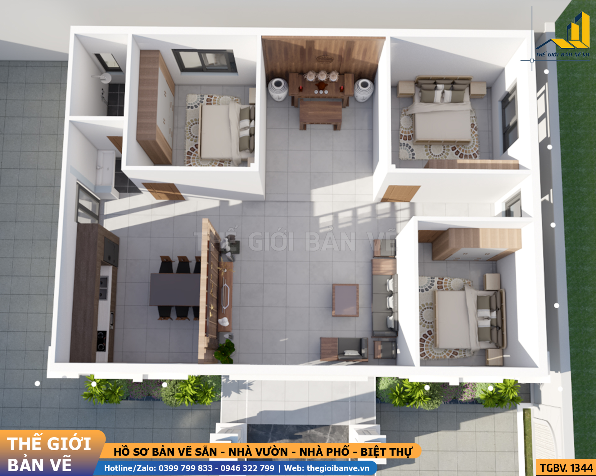 Nhà Vườn Mái Nhật 12.9x12.6m - 3 Phòng Ngủ | TGBV.1344