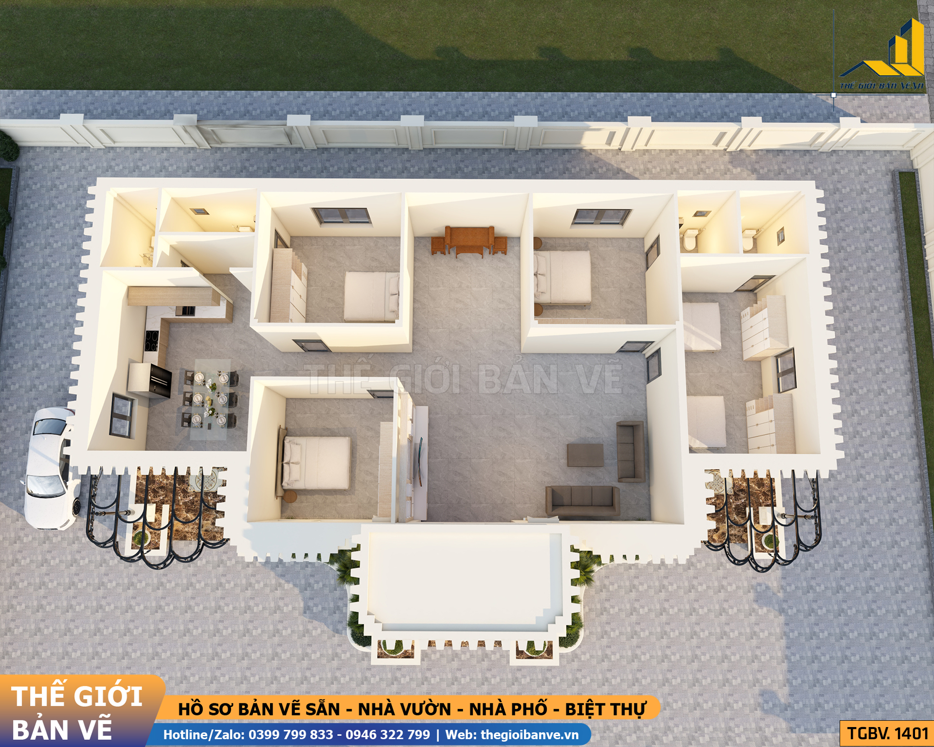 Nhà Vườn Mái Nhật Tân Cổ 21.5x14.2m - 4 Phòng Ngủ | TGBV.1401