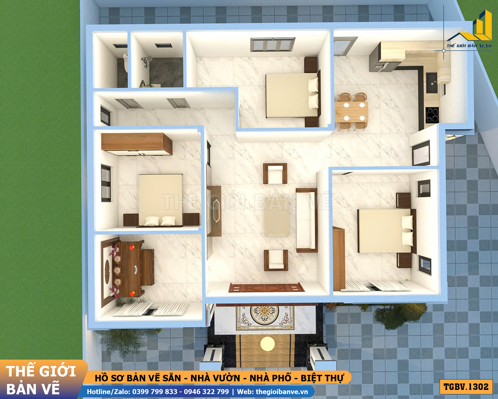 Nhà Vườn Mái Nhật 12.3x10.4m – 3 Phòng Ngủ Tiện Nghi | TGBV.1302