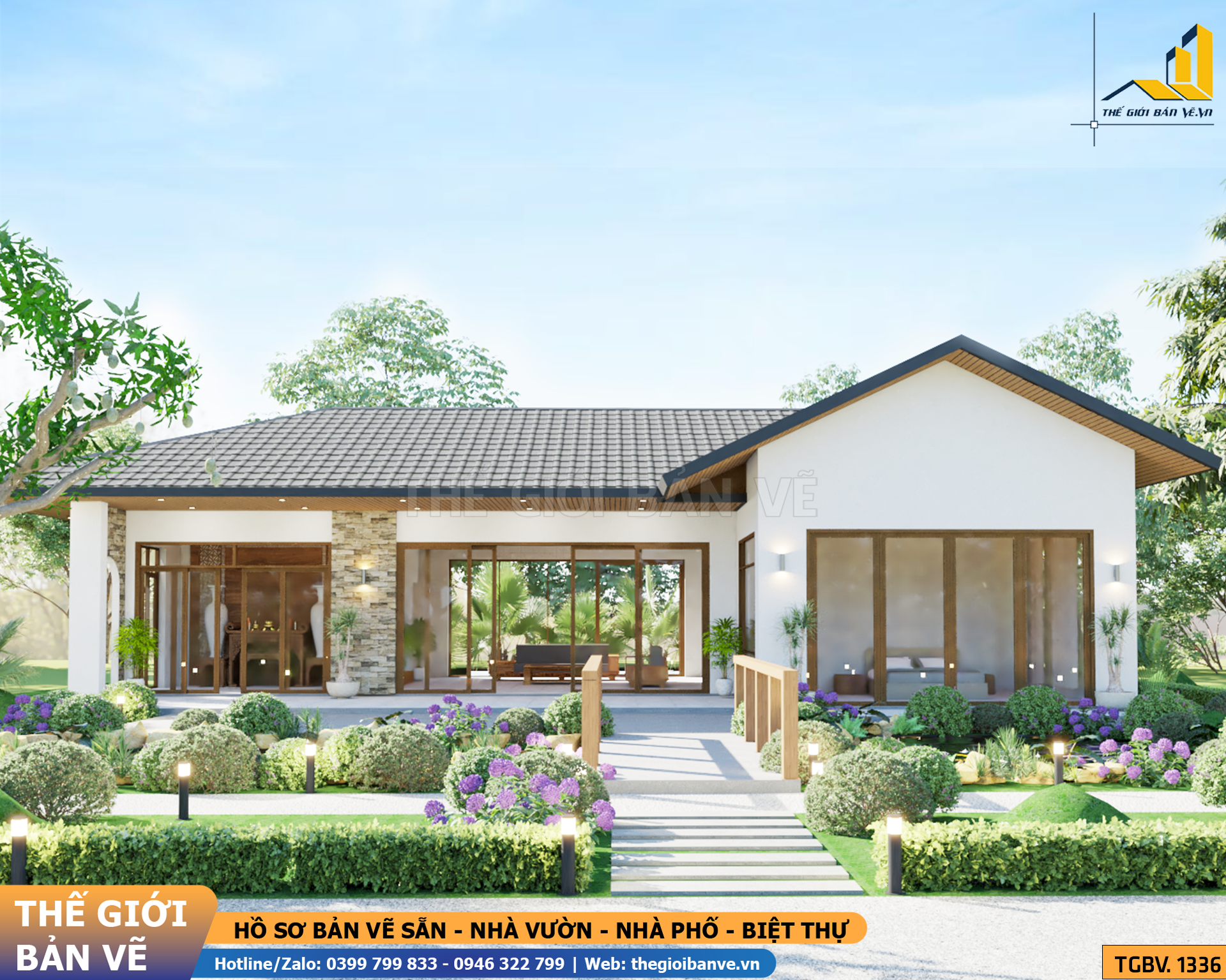 Nhà Vườn Không Gian Mở 18.5x14.4m – 3 Phòng Ngủ, Phong Cách Nghỉ Dưỡng | TGBV.1336