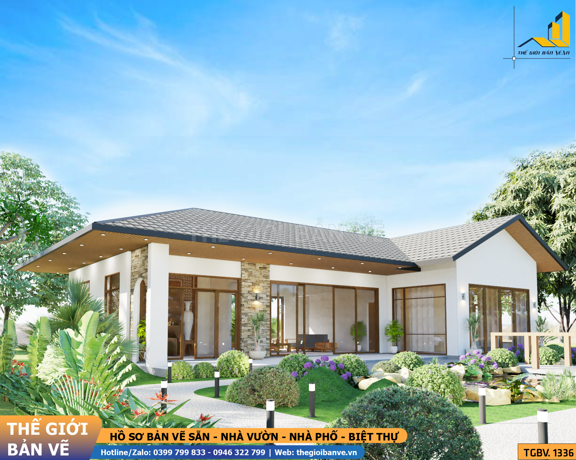 Nhà Vườn Không Gian Mở 18.5x14.4m – 3 Phòng Ngủ, Phong Cách Nghỉ Dưỡng | TGBV.1336