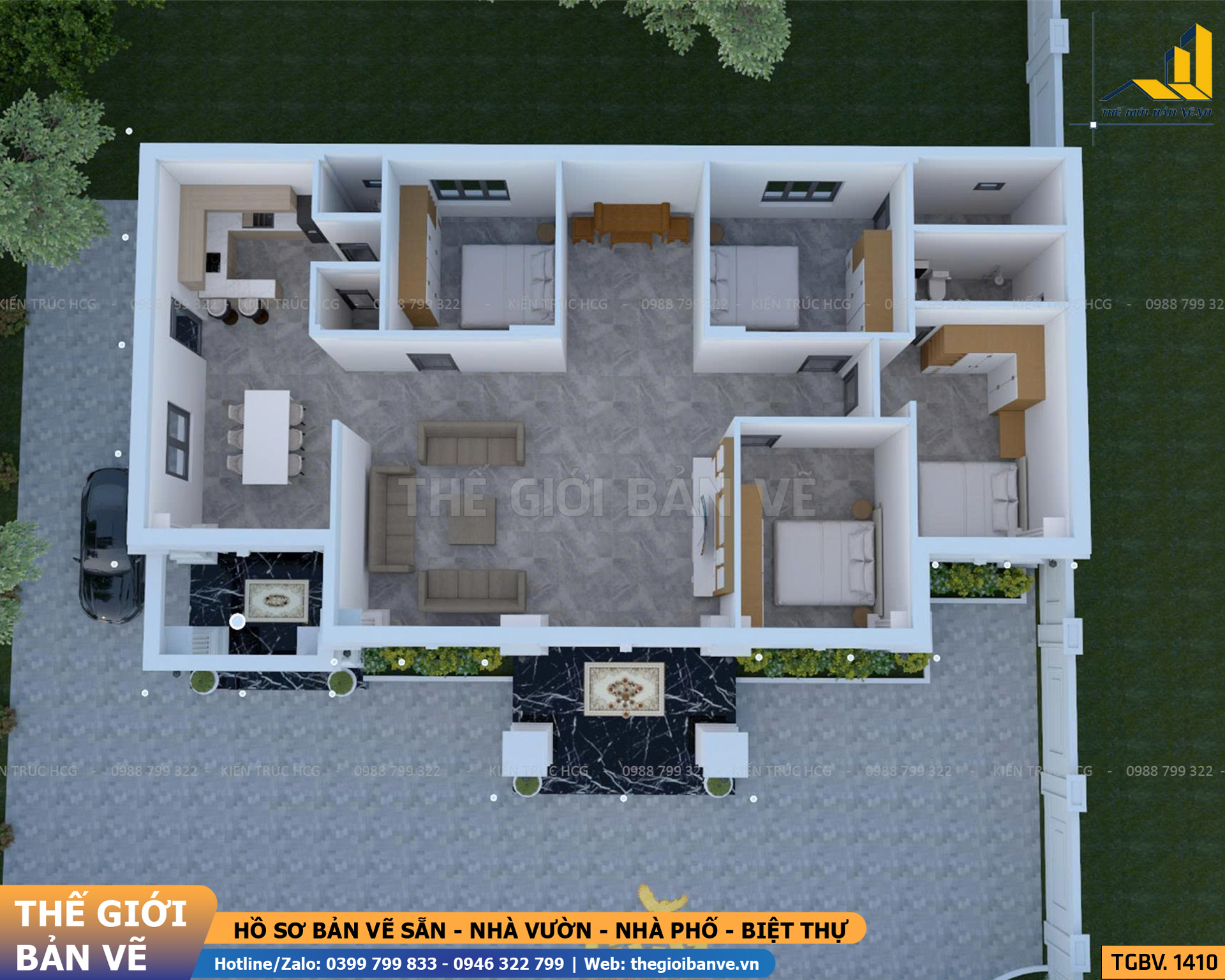 Nhà Vườn Mái Nhật Tân Cổ 14.9x12.8m - 4 Phòng Ngủ | TGBV.1410