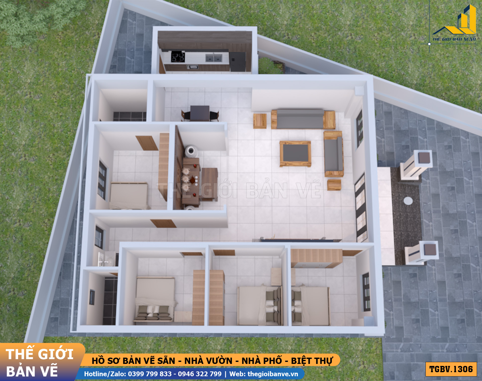 Nhà Vườn Mái Nhật 15.1x13.4m – 4 Phòng Ngủ Hiện Đại | TGBV.1306