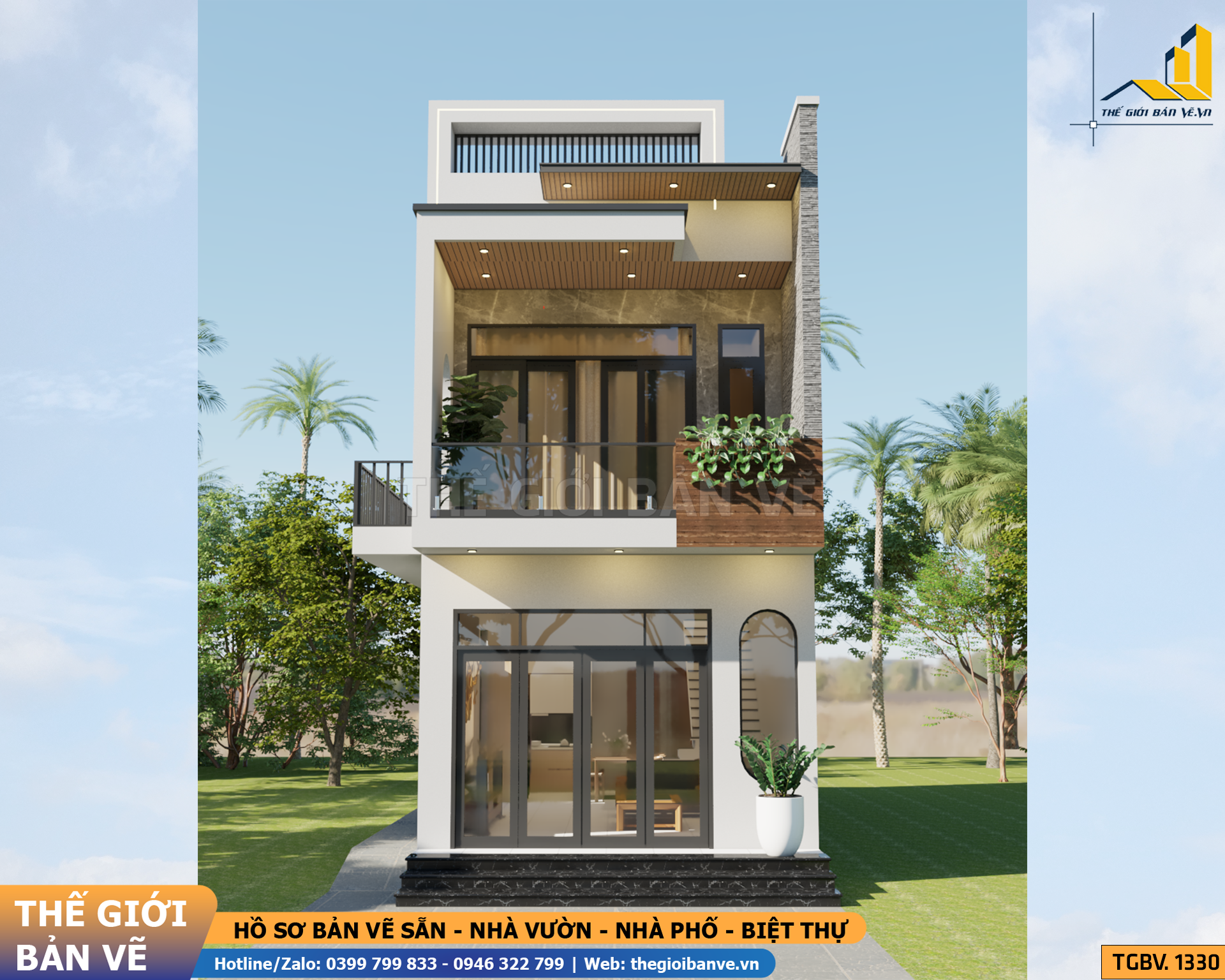 Biệt Thự 2 Tầng Mái Bằng Hiện Đại 5x19m - 3 Phòng Ngủ | TGBV.1330