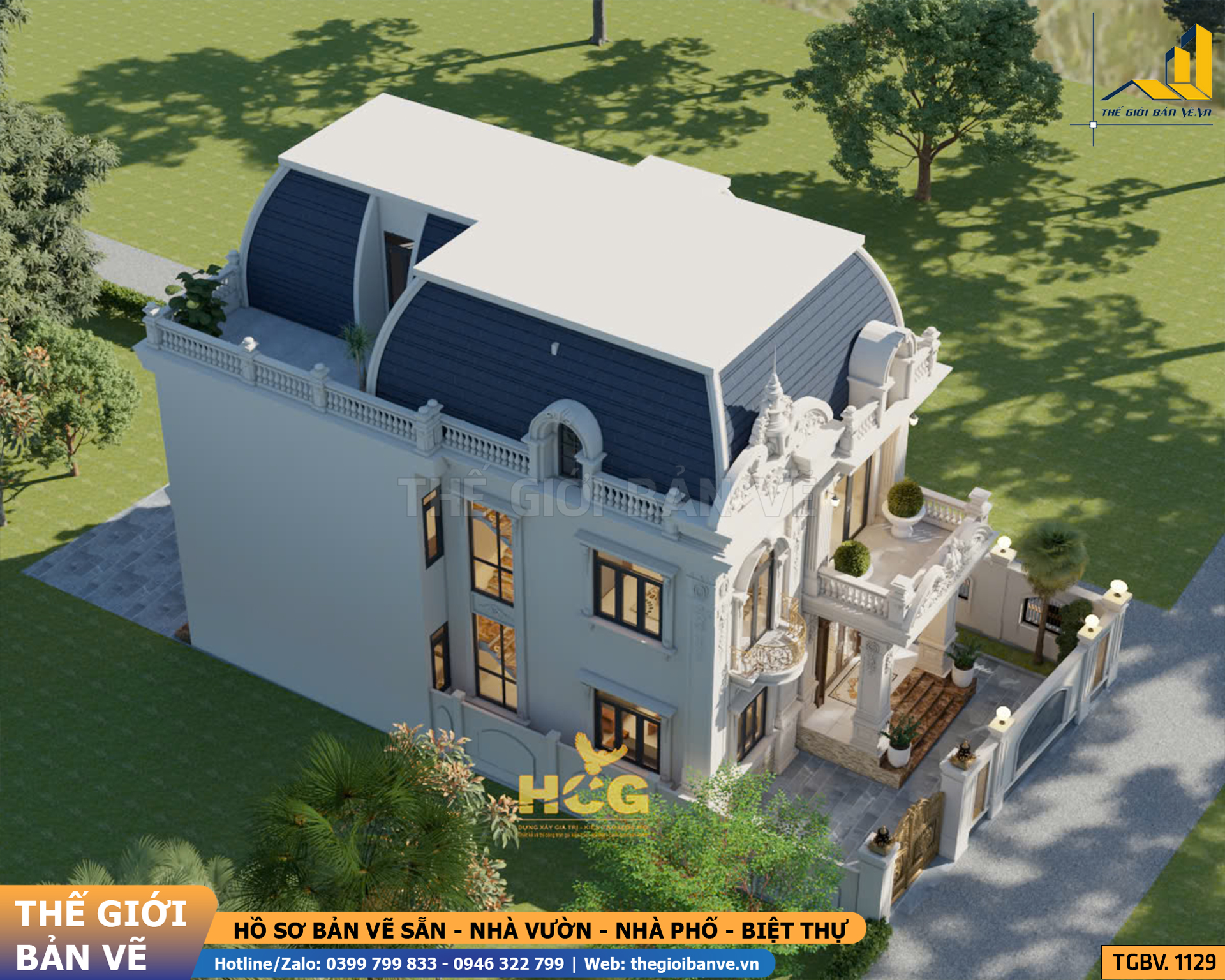 Biệt Thự 2 Tầng Mái Mansard 19.3x11.5m - 4 Phòng Ngủ | TGBV.1129