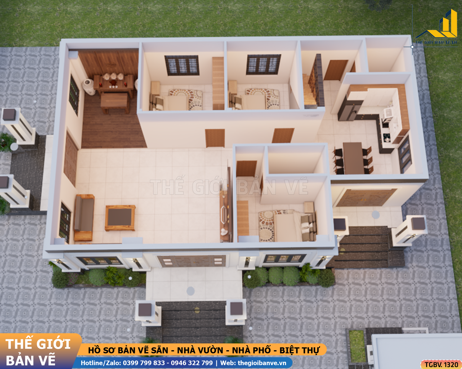 Nhà Vườn Mái Nhật 16.1x13.4m – 2 Sảnh, 3 Phòng Ngủ | TGBV.1320