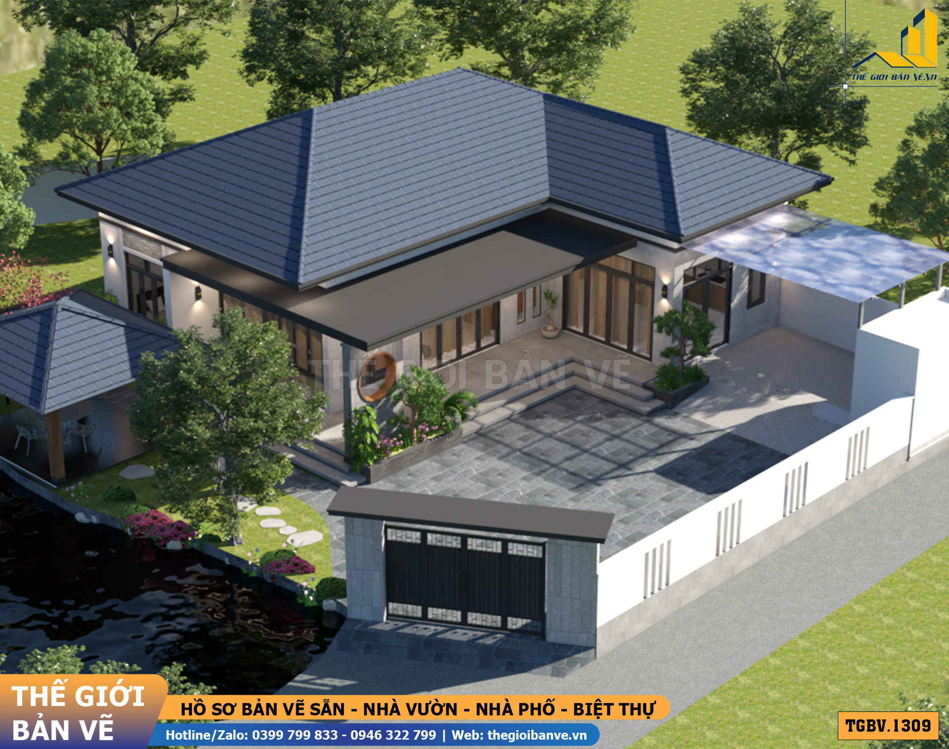 Nhà Vườn Mái Nhật 15.6x8.6m – 3 Phòng Ngủ Hiện Đại | TGBV.1309