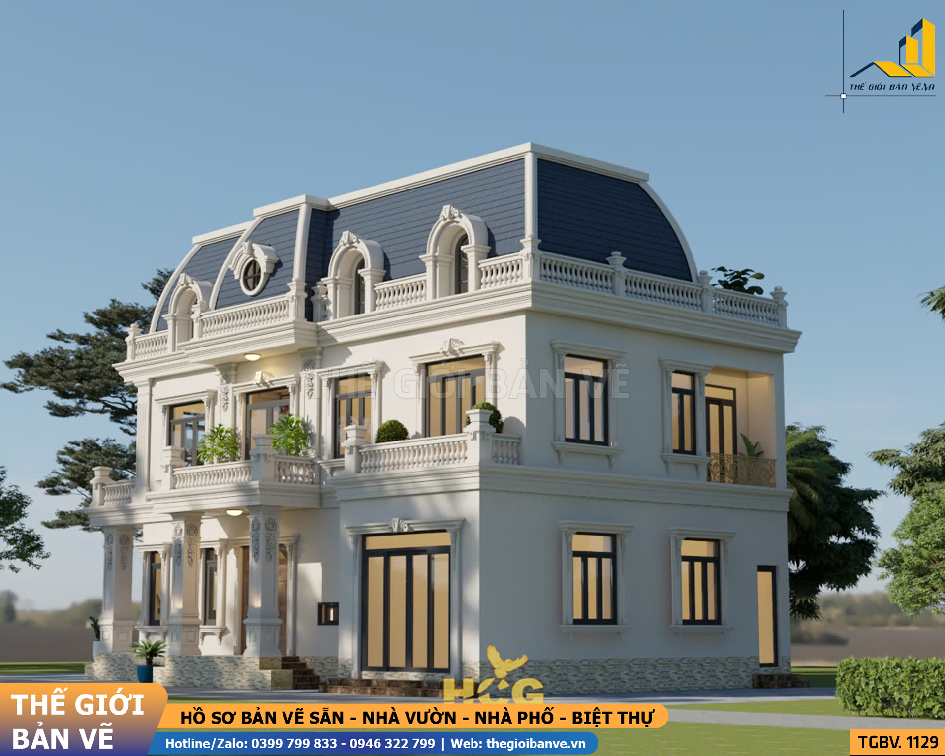 Biệt Thự 2 Tầng Mái Mansard 19.3x11.5m - 4 Phòng Ngủ | TGBV.1129