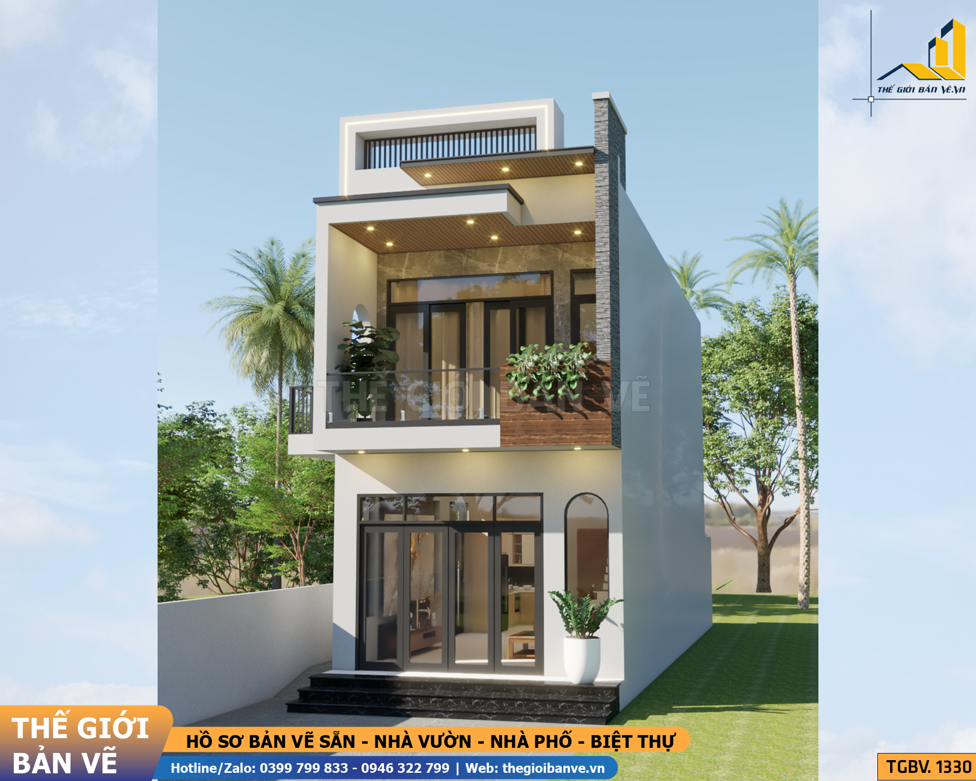 Biệt Thự 2 Tầng Mái Bằng Hiện Đại 5x19m - 3 Phòng Ngủ | TGBV.1330