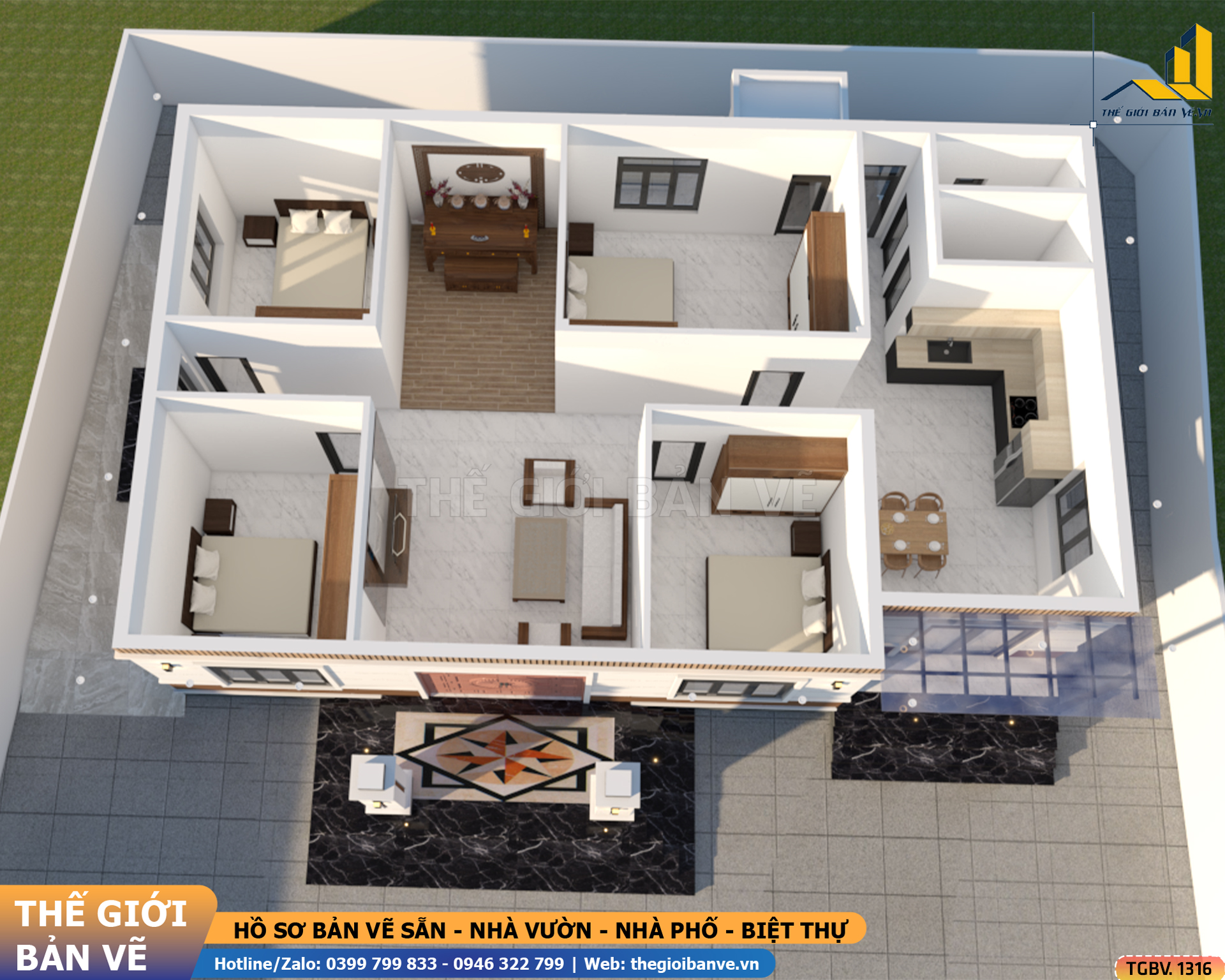 Nhà vườn Mái Nhật 15.9x12.9m – 4 Phòng Ngủ Hiện Đại | TGBV.1316