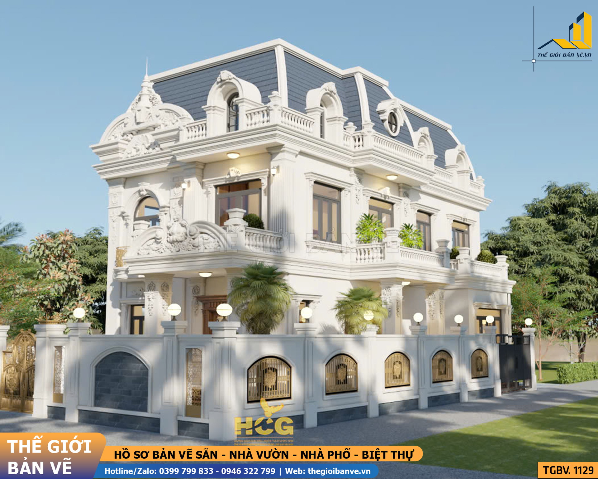 Biệt Thự 2 Tầng Mái Mansard 19.3x11.5m - 4 Phòng Ngủ | TGBV.1129