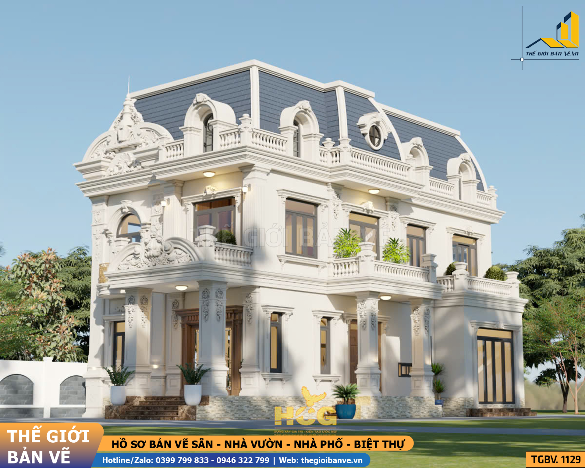 Biệt Thự 2 Tầng Mái Mansard 19.3x11.5m - 4 Phòng Ngủ | TGBV.1129